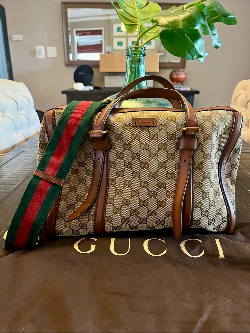 Gucci Brown GG Canvas Duffel with Green and Red Web Strap